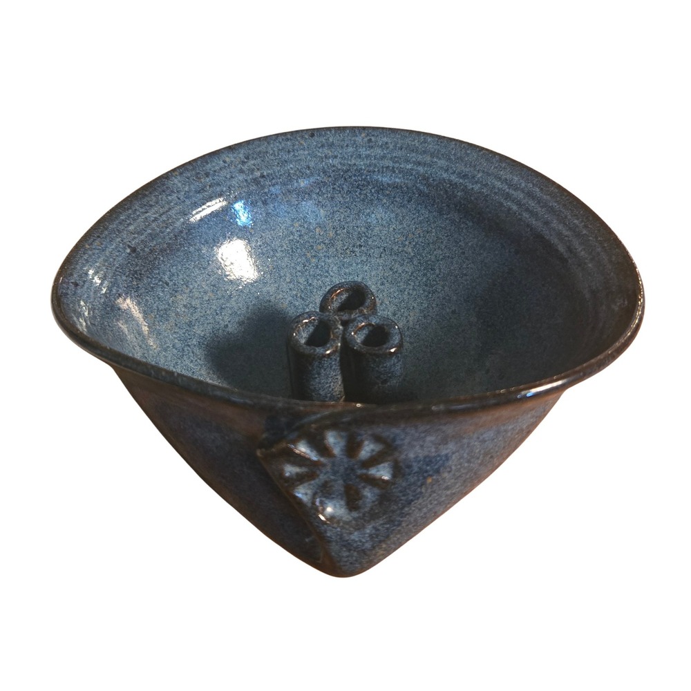 Rickers Pottery Blue Speckled Ikebana Flower Frog Bowl Signed Studio Art Ceramic